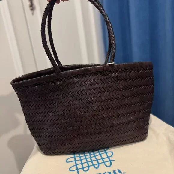 Dragon Diffusion Triple Jump Small Woven Leather Tote Dark Brown Basket Bag - Picture 5 of 11